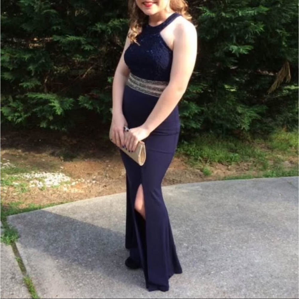 Xtraordinary Navy Blue Prom Dress with Silver Accents